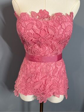 NWT Mac Duggal Pink Strapless Lace Peplum Bustier Top - Size 2